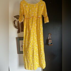 Vintage 70s Boho Hippie Cottagecore Yellow Floral Maxi Dress Size S